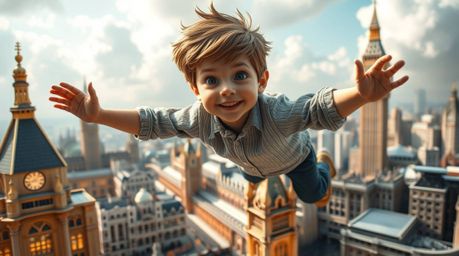 A young boy with sculpted papier-mâché texture soars above a grand, epic, layered papier-mâché London, rendered in a futurist