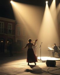 Experience a captivating musical number set in a vibrant town square, bathed in a soft, dreamy atmosphere juxtaposed with str
