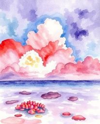 A delicate watercolor painting captures a colorful sky over a coral reef at low tide. This artwork features vivid purples and