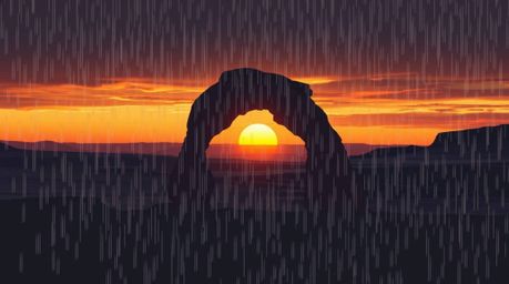 This geometric logo design is inspired by the unique vision of a rainy sunset viewed through a natural rock arch in the deser