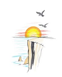 This is a hand-drawn sketch of a sunset over a coastal cliff, complete with soaring birds. The artwork is distinguished by it