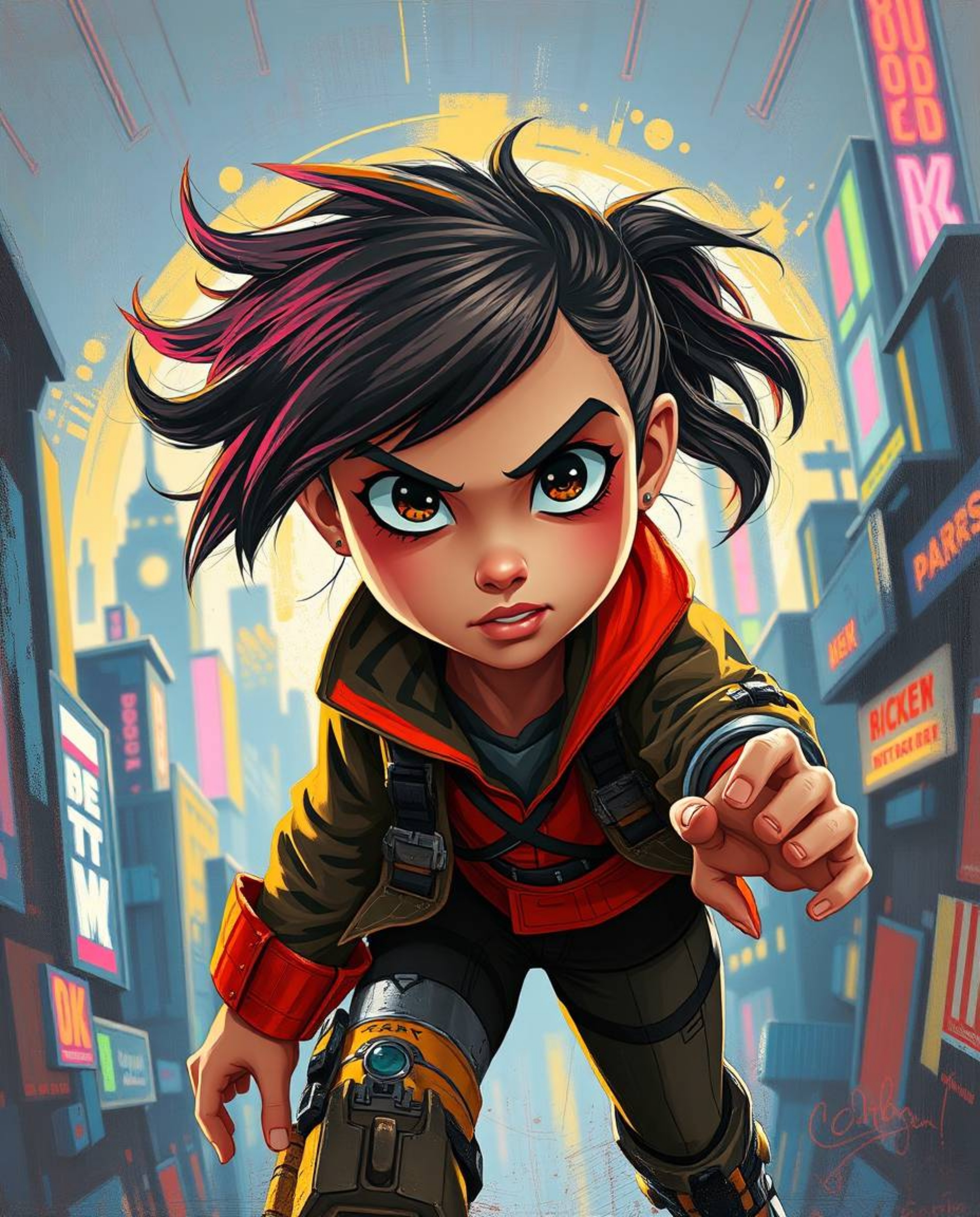 A vibrant acrylic painting capturing a young inventor girl in a futuristic city, rendered in a dynamic, Pixar-like style. The