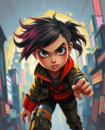 A vibrant acrylic painting capturing a young inventor girl in a futuristic city, rendered in a dynamic, Pixar-like style. The