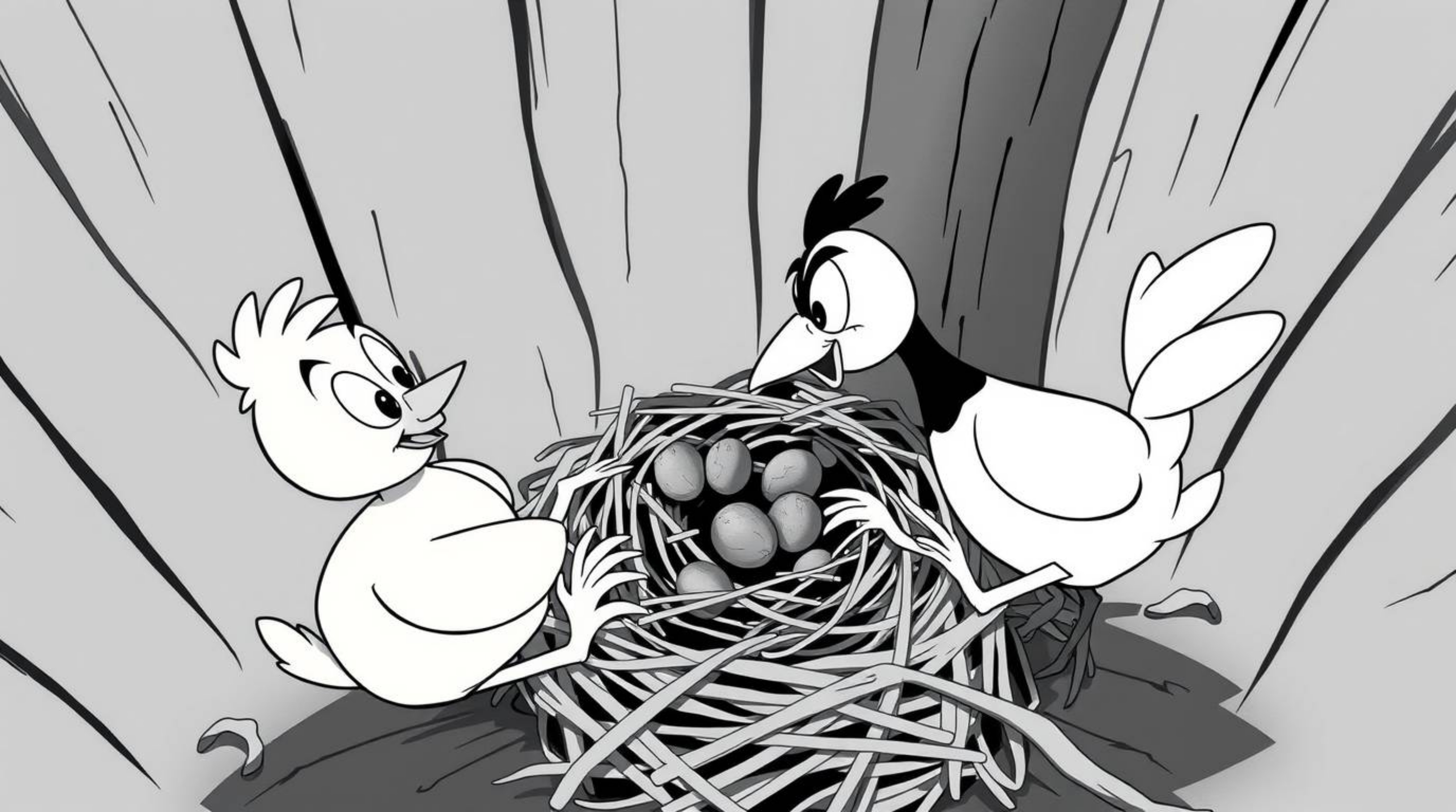 A captivating black and white high-angle shot showcases two cartoon birds diligently building a nest, rendered in a timeless 