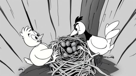 A captivating black and white high-angle shot showcases two cartoon birds diligently building a nest, rendered in a timeless