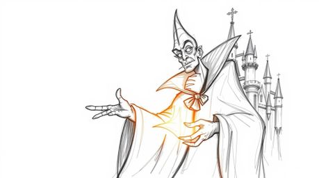A captivating hand-drawn sketch depicts a classic Disney villain casting a spell within a detailed castle, bathed in the warm