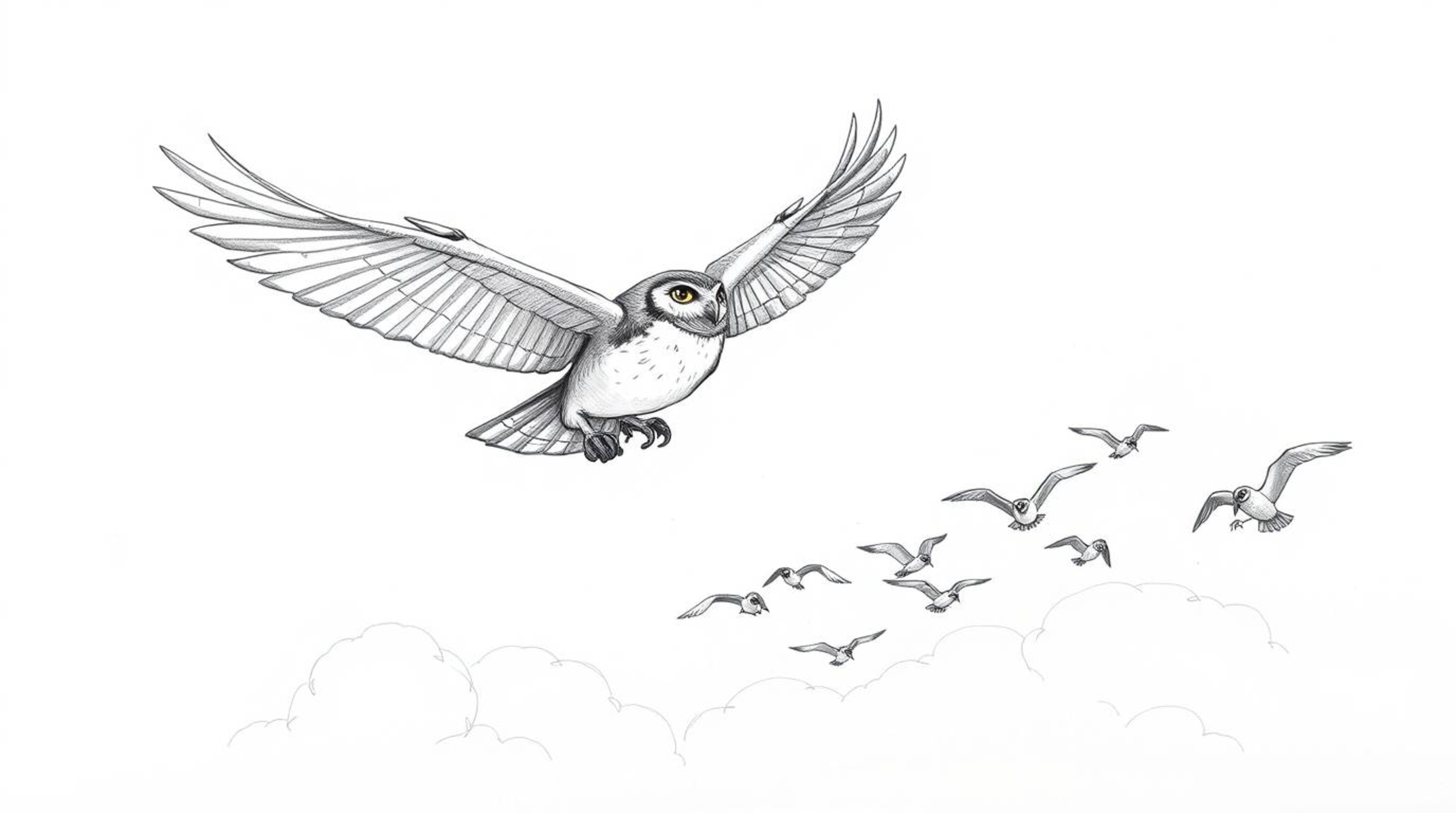 A hand-drawn sketch in the style of Pixar depicts a blind owl with textured pencil strokes and rough lines, soaring proudly a