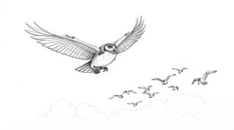 A hand-drawn sketch in the style of Pixar depicts a blind owl with textured pencil strokes and rough lines, soaring proudly a