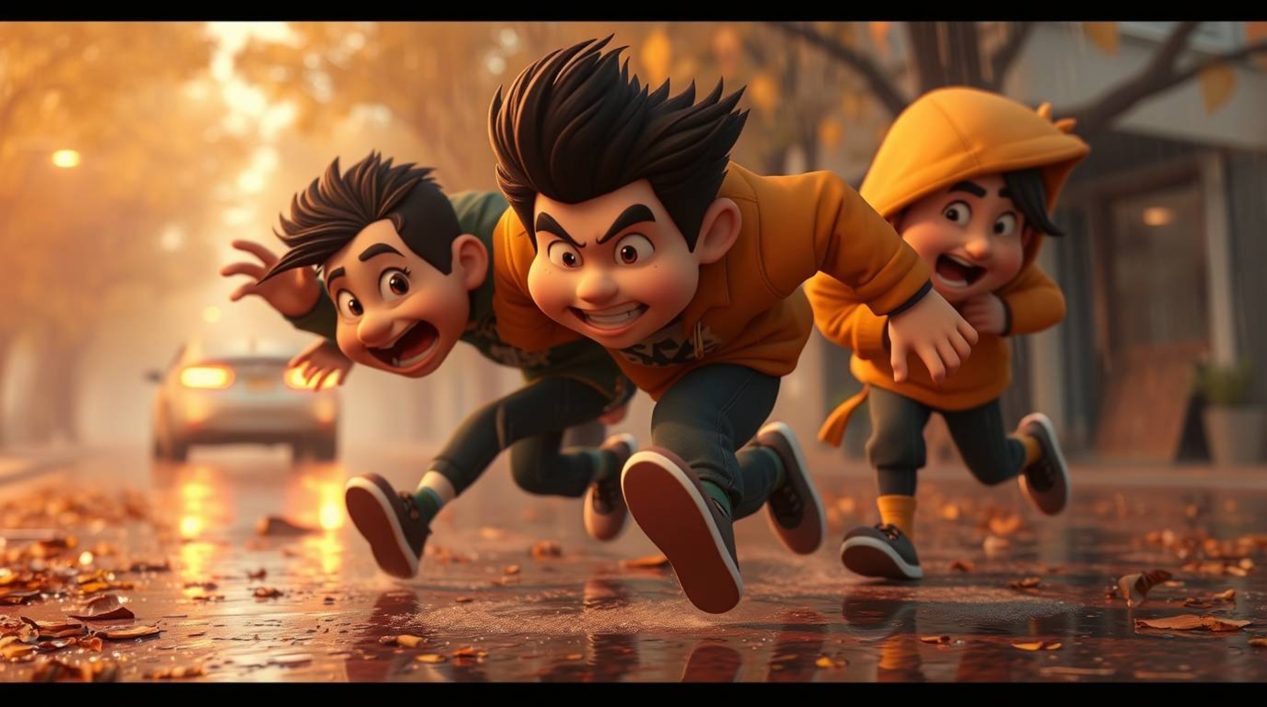 Experience a dynamic chase scene brought to life with exaggerated squash and stretch animation, bathed in warm autumn colors.