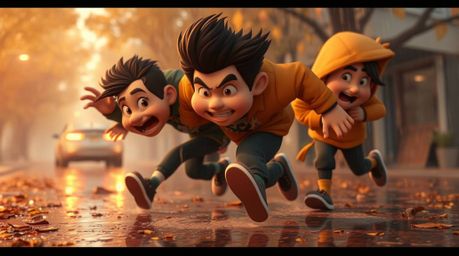 Experience a dynamic chase scene brought to life with exaggerated squash and stretch animation, bathed in warm autumn colors.