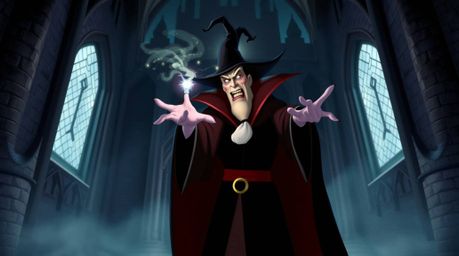 A captivating high-resolution stock photo depicts a classic Disney villain casting a spell within the walls of an ancient cas