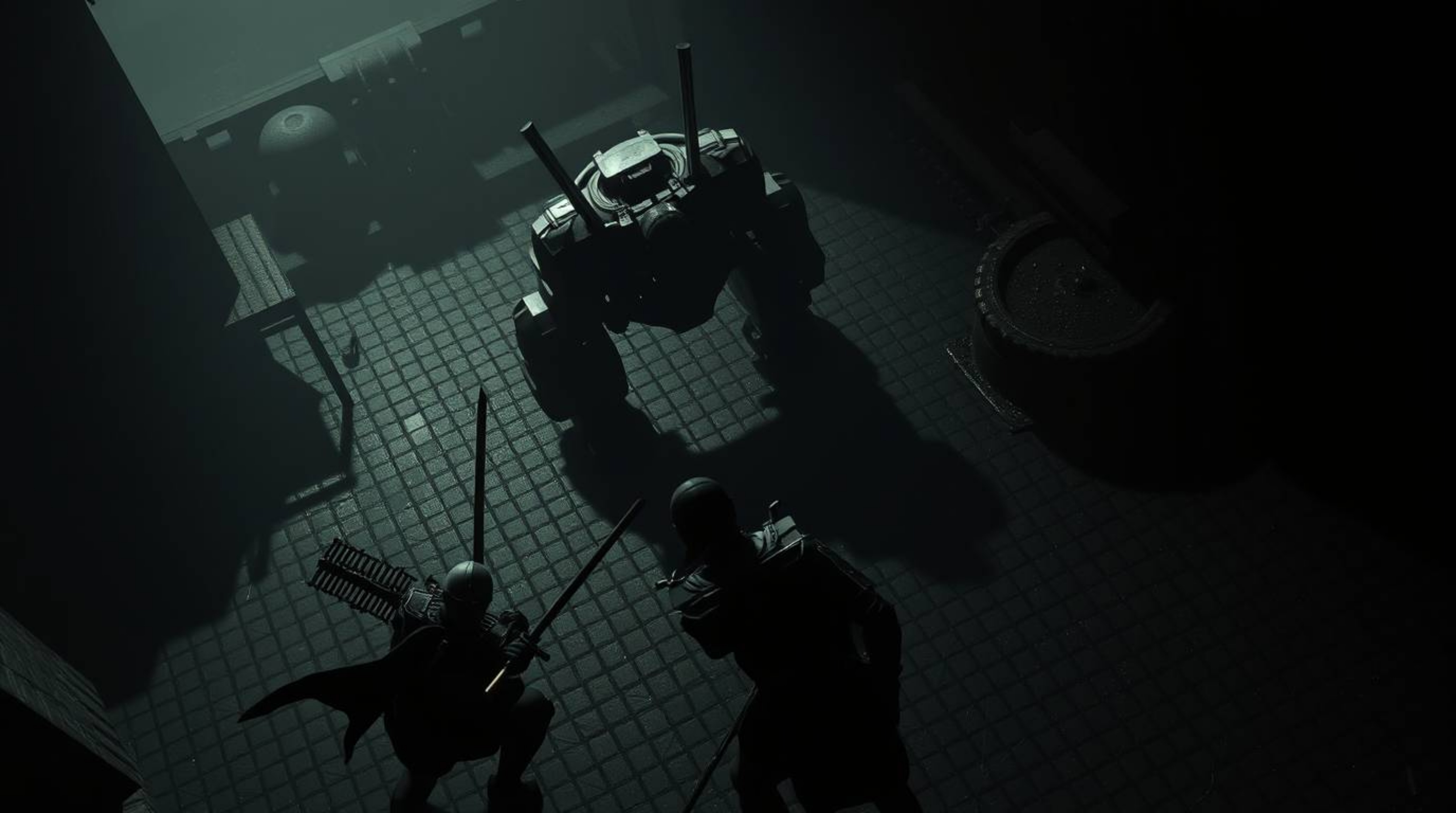 Experience a high-angle perspective of a samurai engaged in a fierce battle against a robot in a moody, low-contrast dystopia