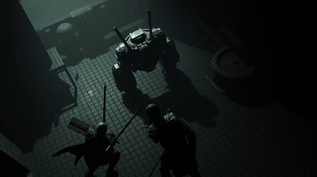 Experience a high-angle perspective of a samurai engaged in a fierce battle against a robot in a moody, low-contrast dystopia
