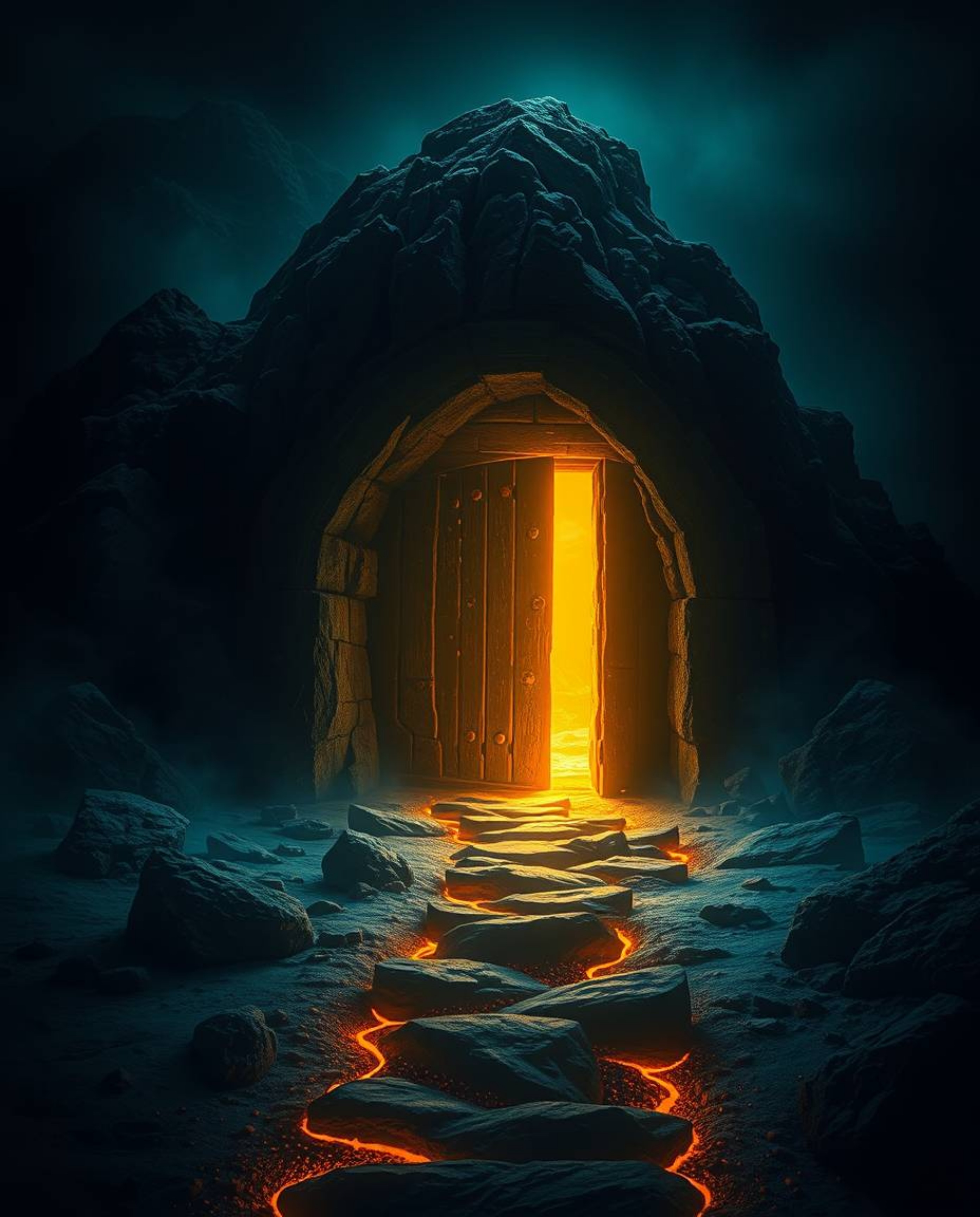 A captivating piece of light art depicting an ancient doorway glowing with runes embedded in the side of a mountain. The stro