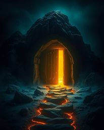 A captivating piece of light art depicting an ancient doorway glowing with runes embedded in the side of a mountain. The stro