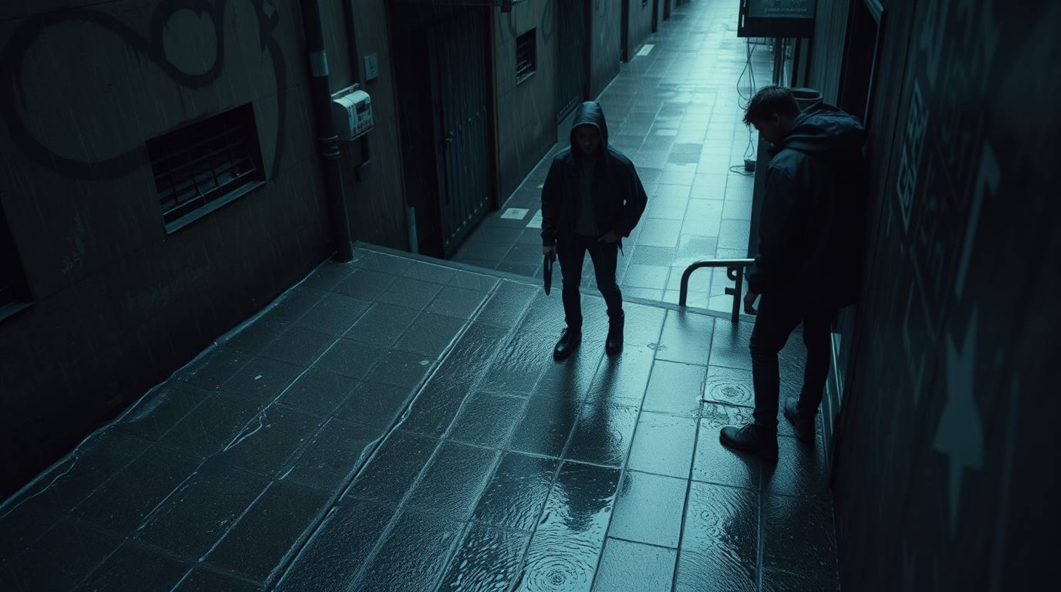 Explore a high-angle perspective of a rain-soaked, grungy city alley populated by rebellious teens. This image captures a str