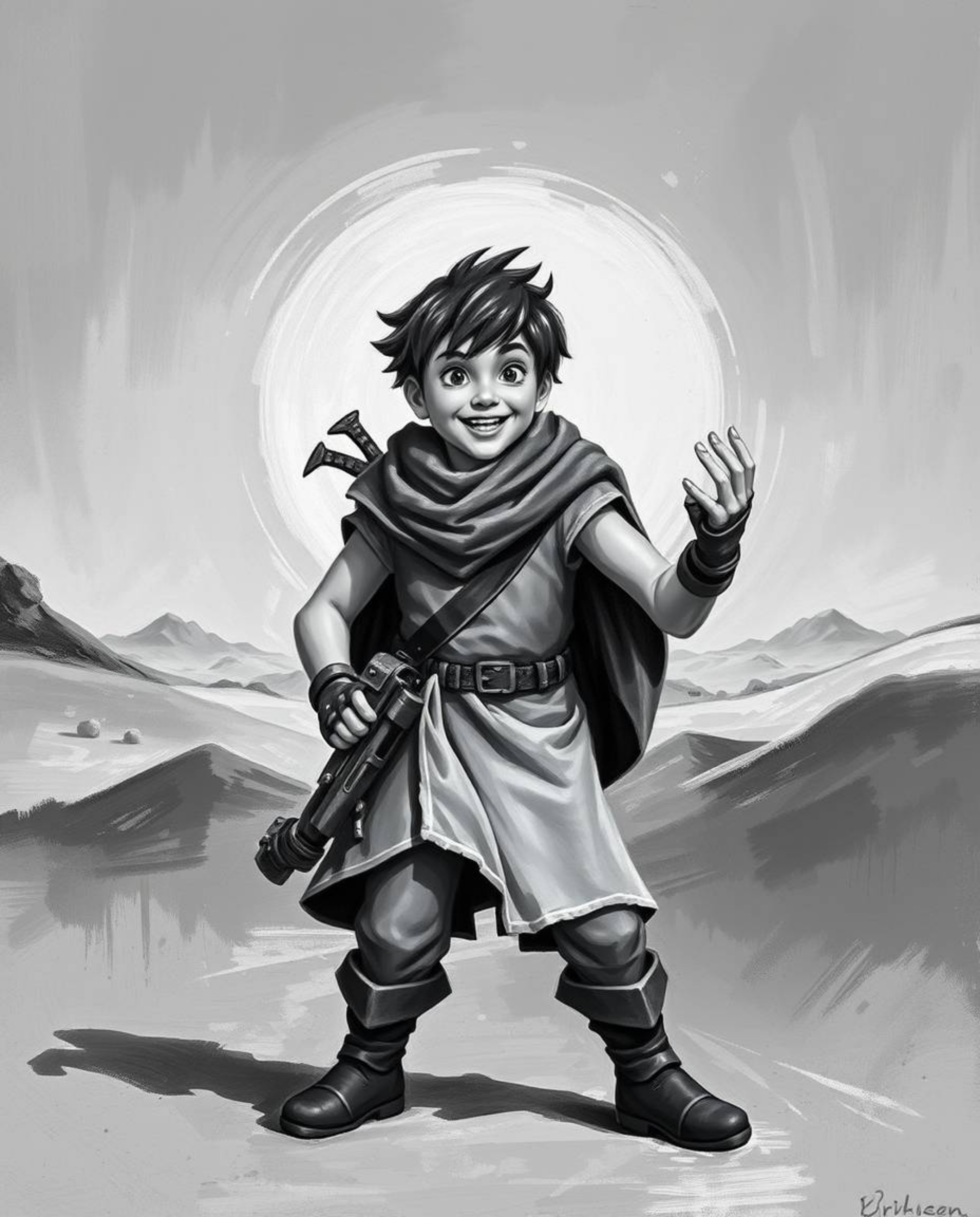This artwork features a classic black and white oil painting depicting a brave hero embarking on a Disney-style desert advent
