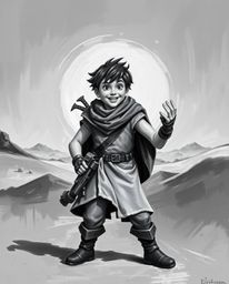 This artwork features a classic black and white oil painting depicting a brave hero embarking on a Disney-style desert advent