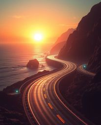 This futuristic sci-fi digital illustration depicts a winding coastal highway at sunset, rendered in high contrast with inten
