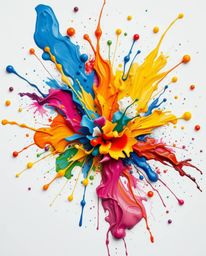 A vibrant explosion of colorful paint splashes across a pristine white canvas, creating a stunning piece of abstract art. Thi
