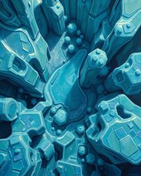 A stunning oil painting presents a bird's-eye view of a surreal sci-fi environment, featuring 3D shapes resembling melted gla