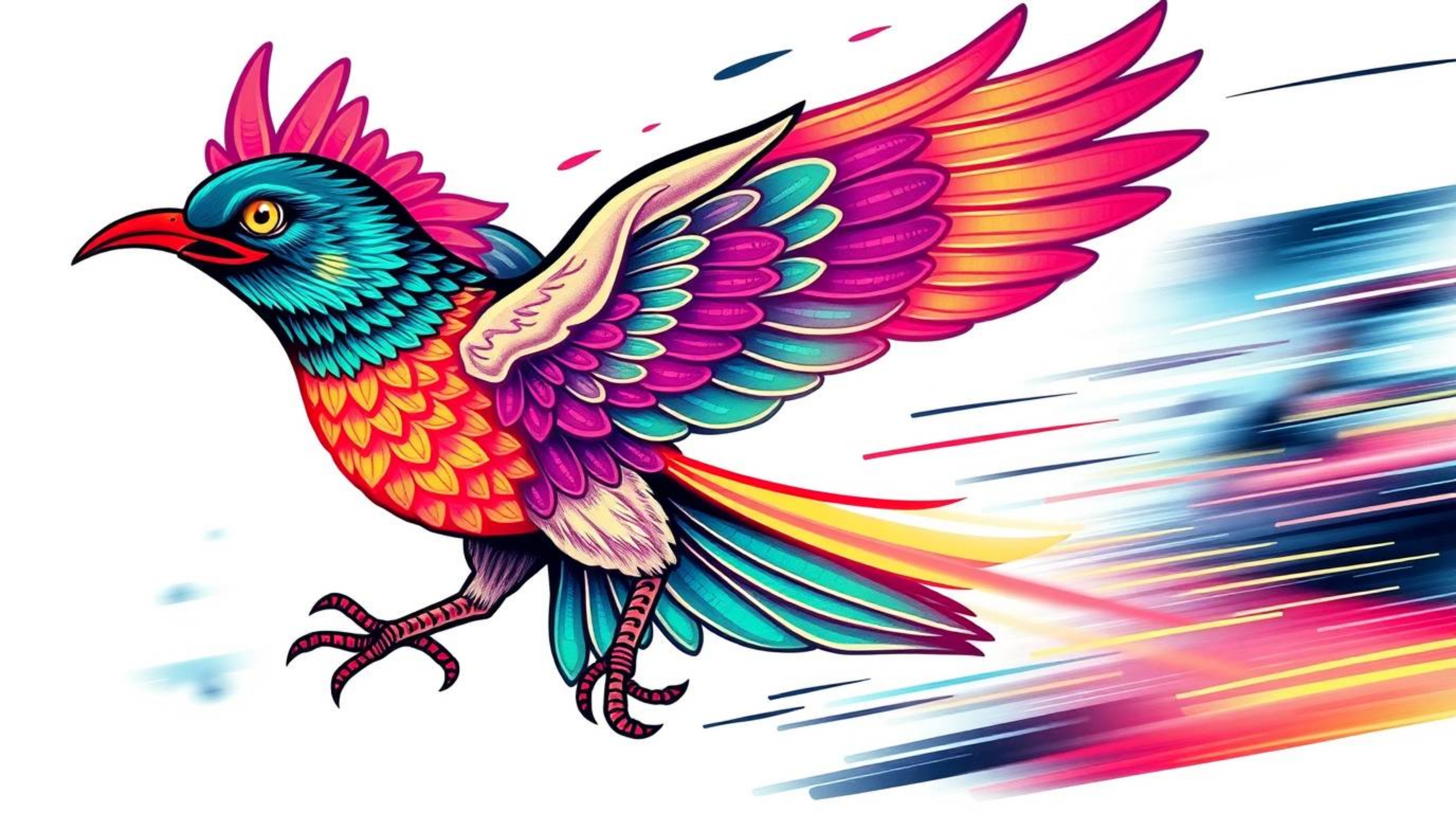 This vibrant and symbolic traditional tattoo art print features a fast-running bird zooming past traffic, illuminated with gl