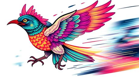 This vibrant and symbolic traditional tattoo art print features a fast-running bird zooming past traffic, illuminated with gl