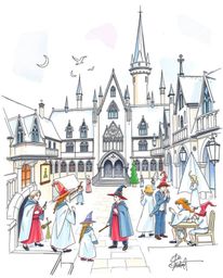 Discover a graceful and elegant hand-drawn sketch of a magical school brimming with young wizards.  Rendered in a vibrant col