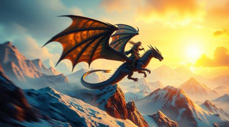Witness a breathtaking scene of a dragon and its rider soaring above icy peaks.  Warm candlelight casts a beautiful glow, ill
