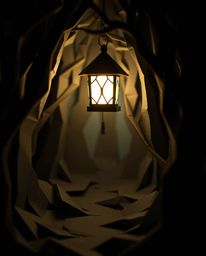 This artwork presents an intricate origami-style design featuring a glowing lantern nestled within a dark forest. The aesthet