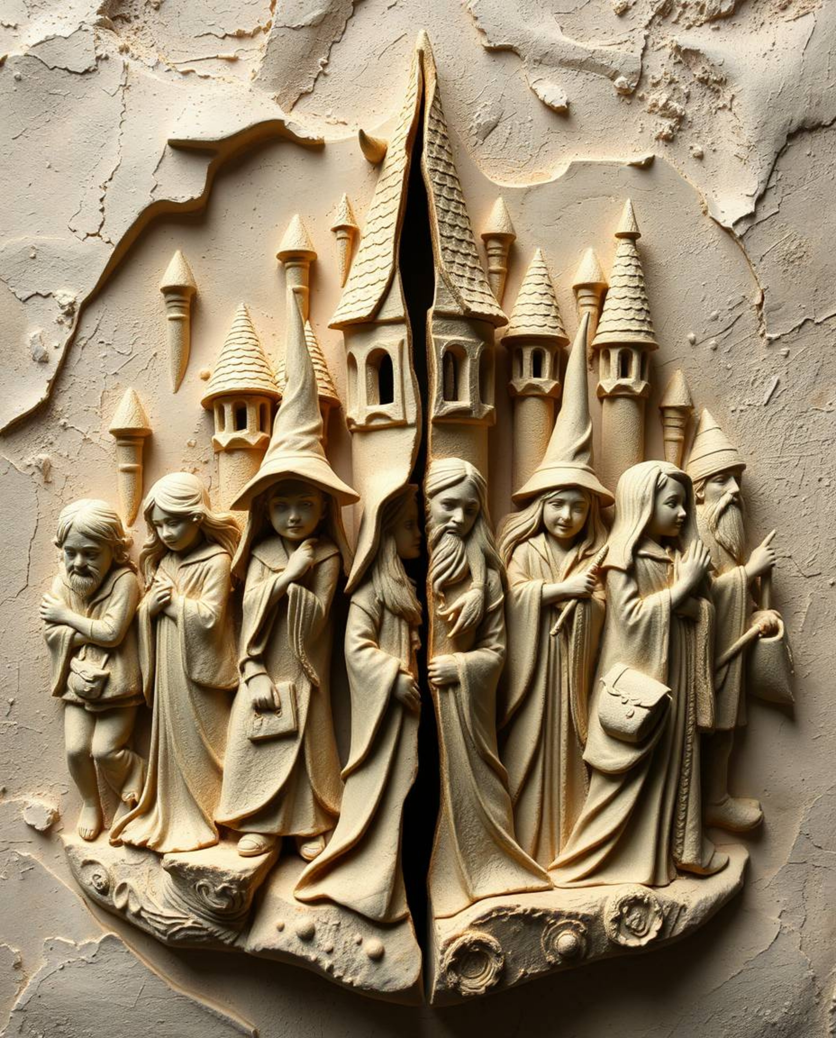 Distinct split sculptural clay art depicting a magical school teeming with graceful and elegant young wizards.  This art piec