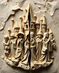 Distinct split sculptural clay art depicting a magical school teeming with graceful and elegant young wizards.  This art piec