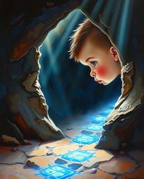 A classic oil painting captures a tight close-up of a child with delicate features and rosy cheeks, guided by glowing blue fo