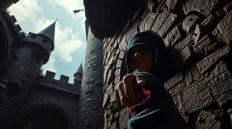 A lone thief attempts a daring heist, sneaking into a heavily guarded castle under the cover of darkness. The scene is render