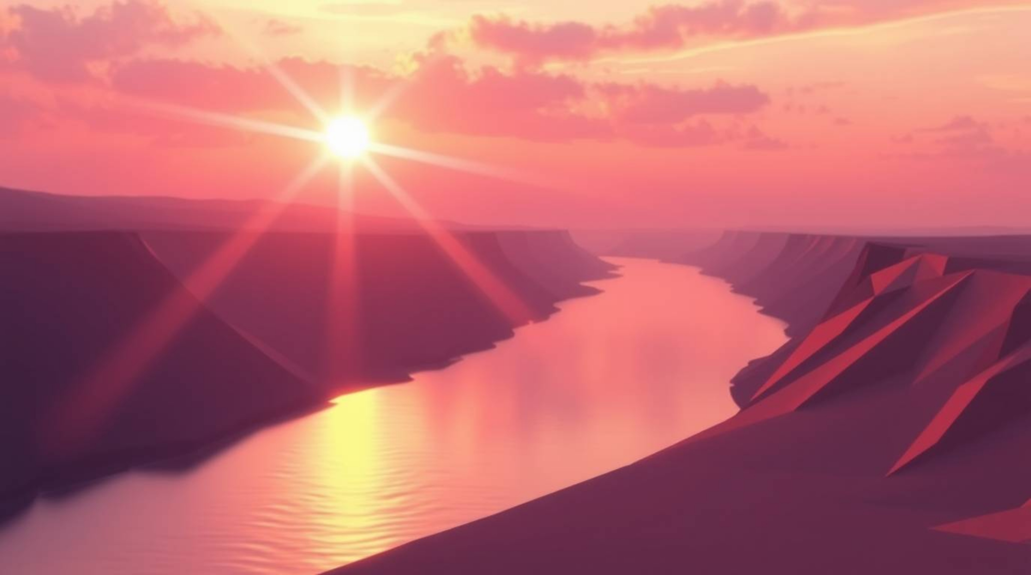 A stunning scene depicts a winding river bathed in the ethereal glow of a dramatic orange-pink sky. Rendered in soft pastel c