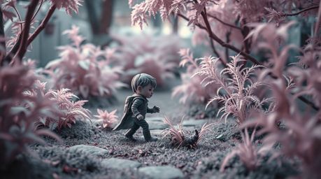 Discover a surreal, infrared image of a miniature hero embarking on an epic adventure through a vibrant backyard jungle.  Gen