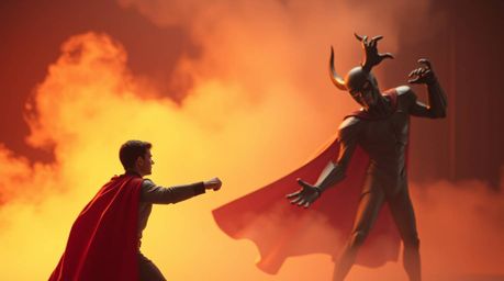 Witness a dynamic clash between a caped superhero and a hilariously inept villain.  Soft cinematic haze and smooth color grad