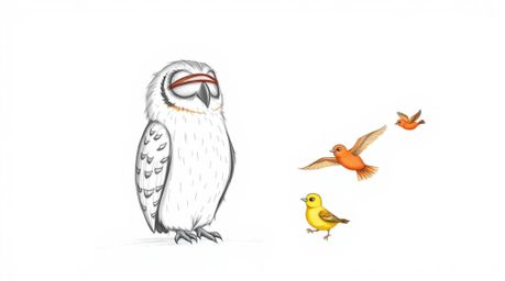 A heartwarming hand-drawn sketch in the style of Pixar depicts a blind owl, rendered with soft, feathery texture and visible 