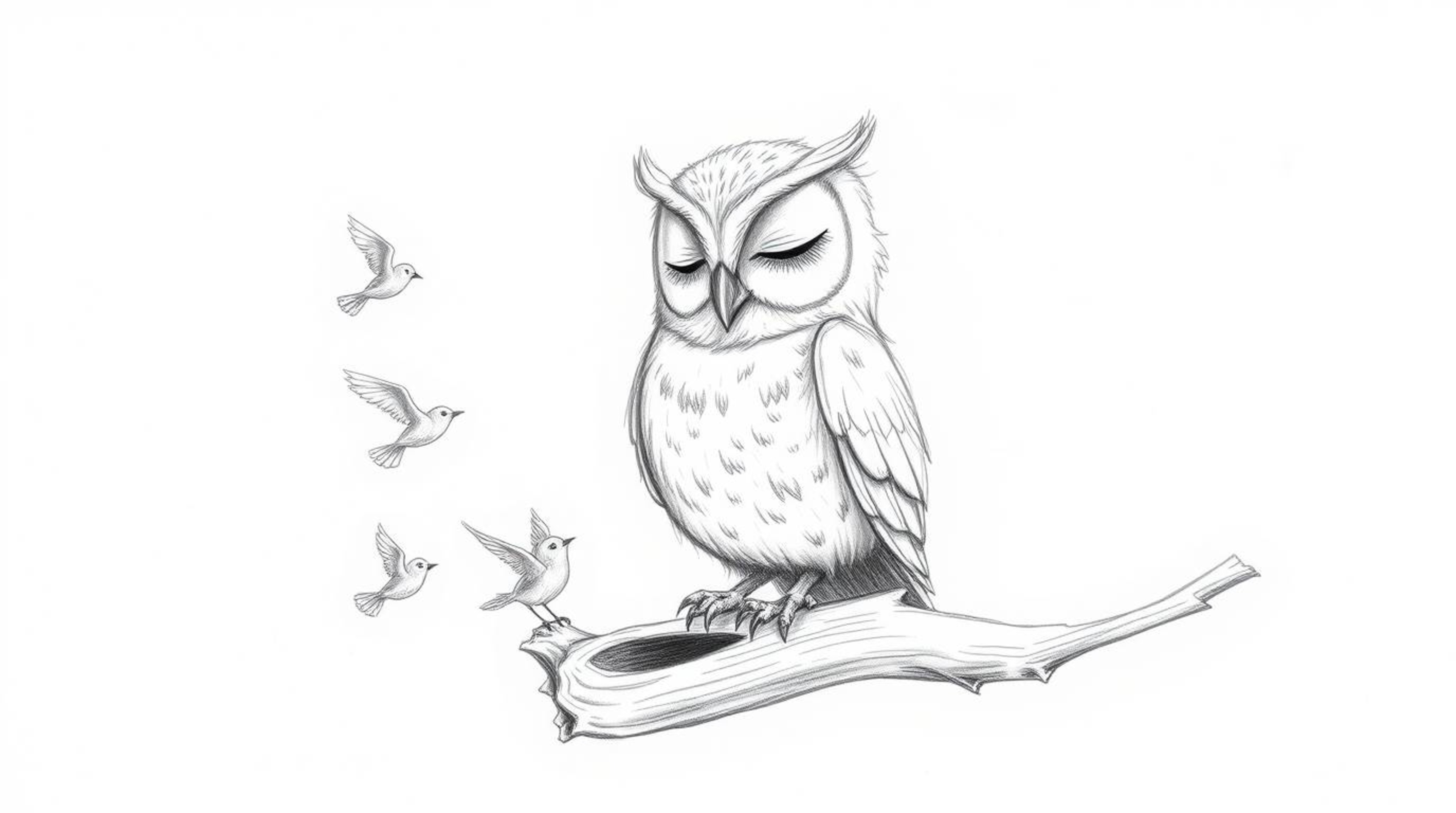 A heartwarming hand-drawn sketch, reminiscent of Pixar animation, portrays a gentle, blind owl with downy feathers guiding a 