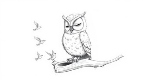 A heartwarming hand-drawn sketch, reminiscent of Pixar animation, portrays a gentle, blind owl with downy feathers guiding a 