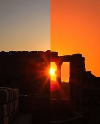 Experience ancient stone ruins at sunset through a striking split-screen image. This composition is defined by bold, contrast