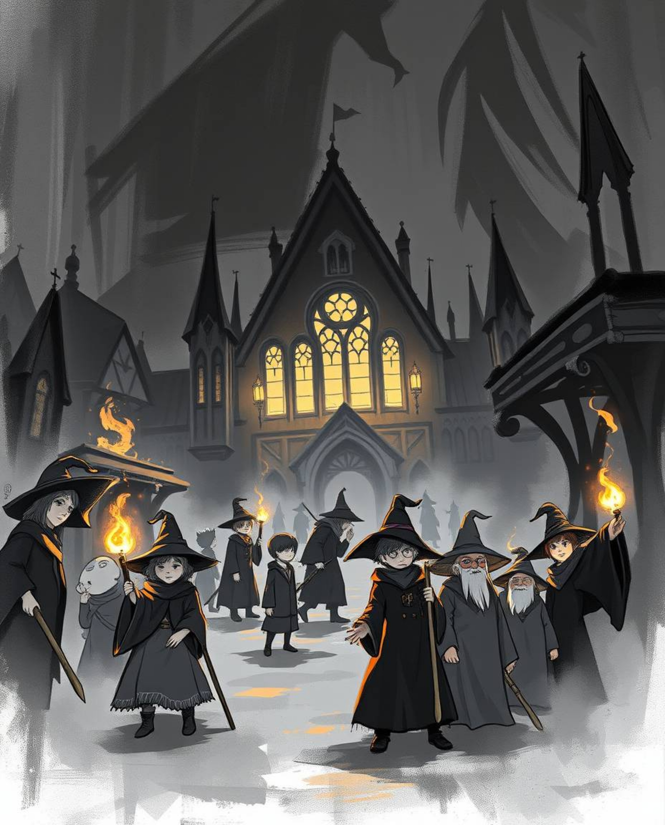 Discover a captivating digital sketch of a magical school brimming with young wizards. This black and white artwork, rendered