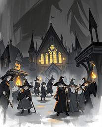 Discover a captivating digital sketch of a magical school brimming with young wizards. This black and white artwork, rendered