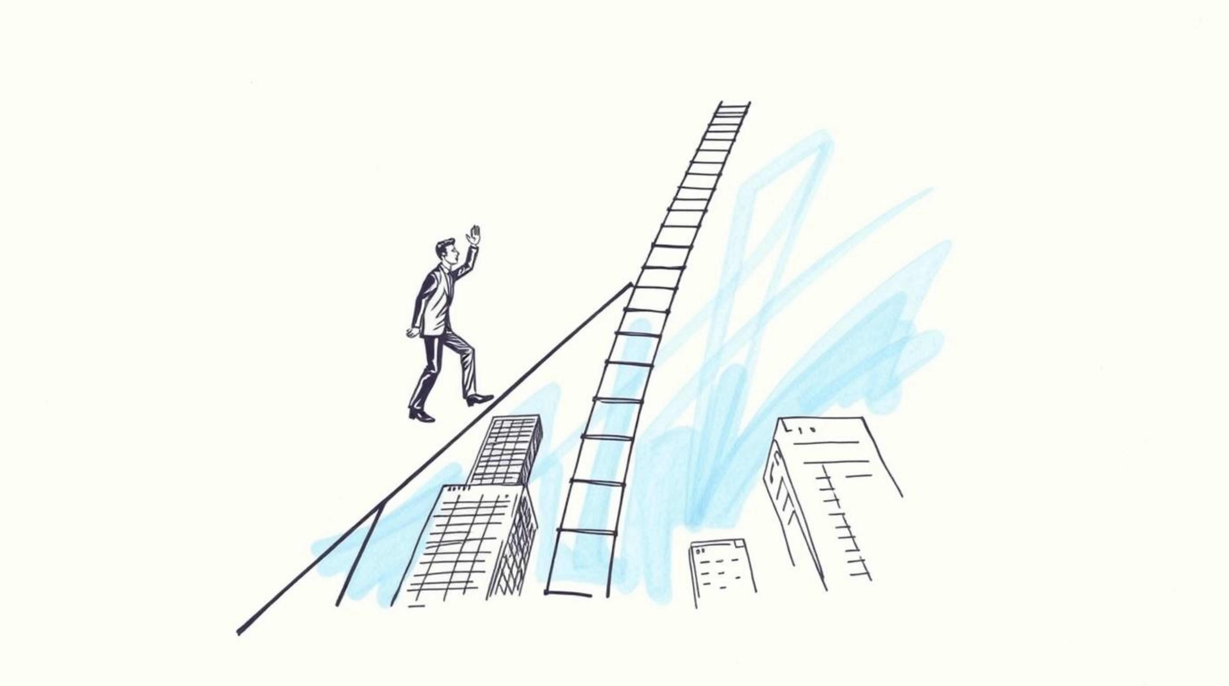 This image depicts an abstract concept of success, visualized as a businessperson climbing a transparent ladder that seems to