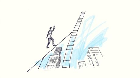 This image depicts an abstract concept of success, visualized as a businessperson climbing a transparent ladder that seems to