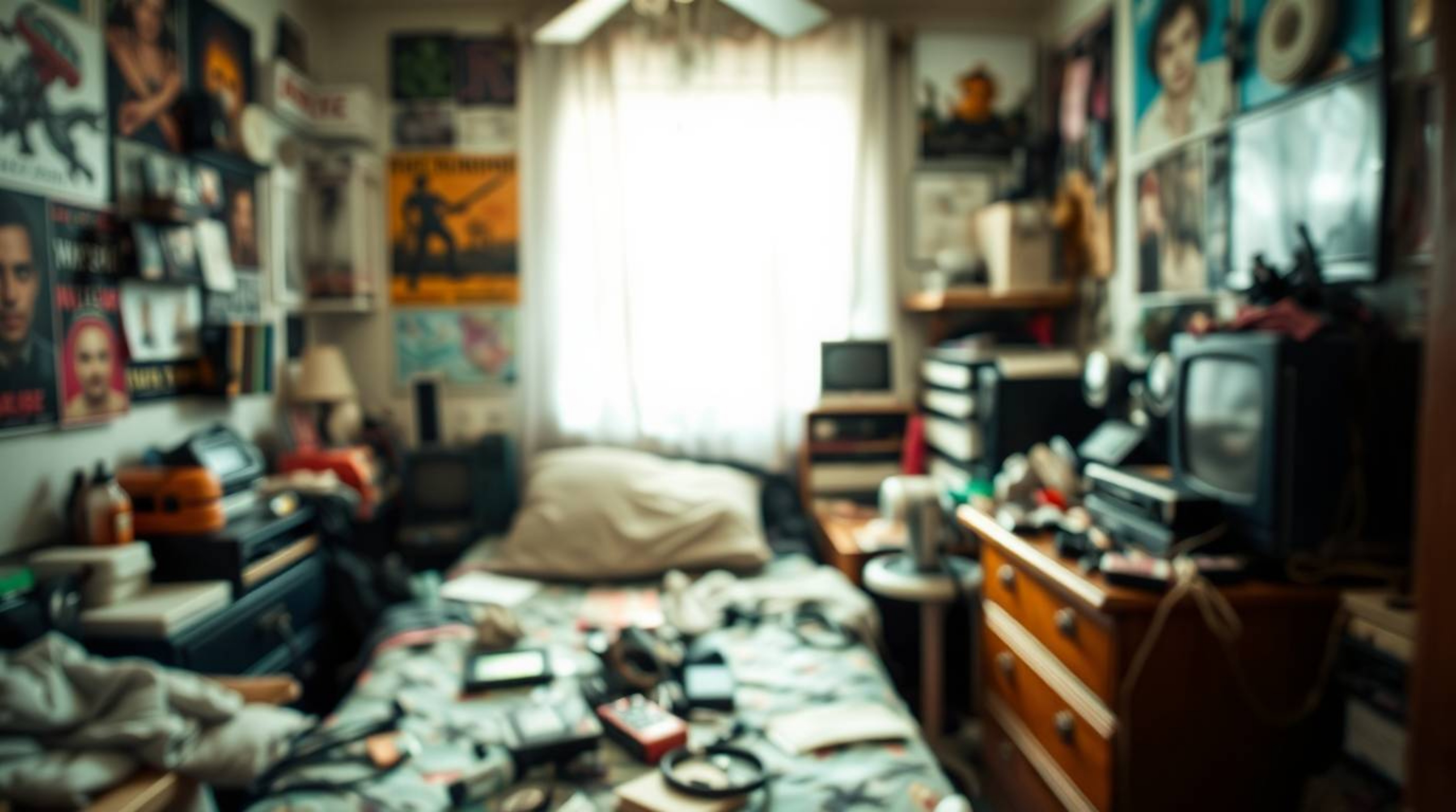 A captivating image of a messy bedroom, sharply focused on unusual gadgets and posters amidst a soft, blurred background. The