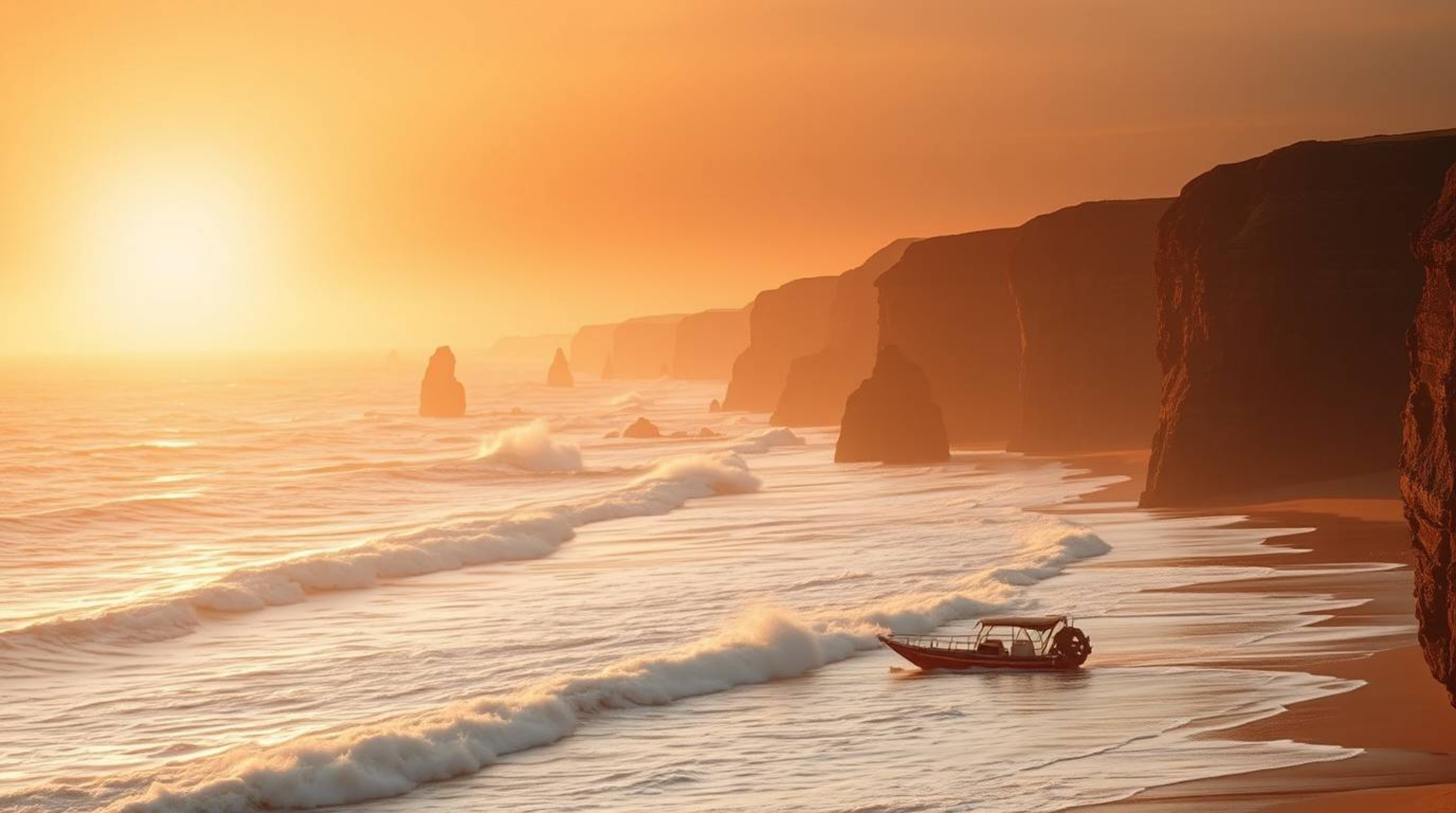 Experience the soft, dreamy atmosphere of waves crashing on cliffs beneath a hazy sunset sky. The image evokes a sense of tra