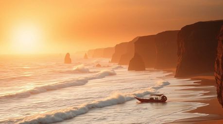Experience the soft, dreamy atmosphere of waves crashing on cliffs beneath a hazy sunset sky. The image evokes a sense of tra