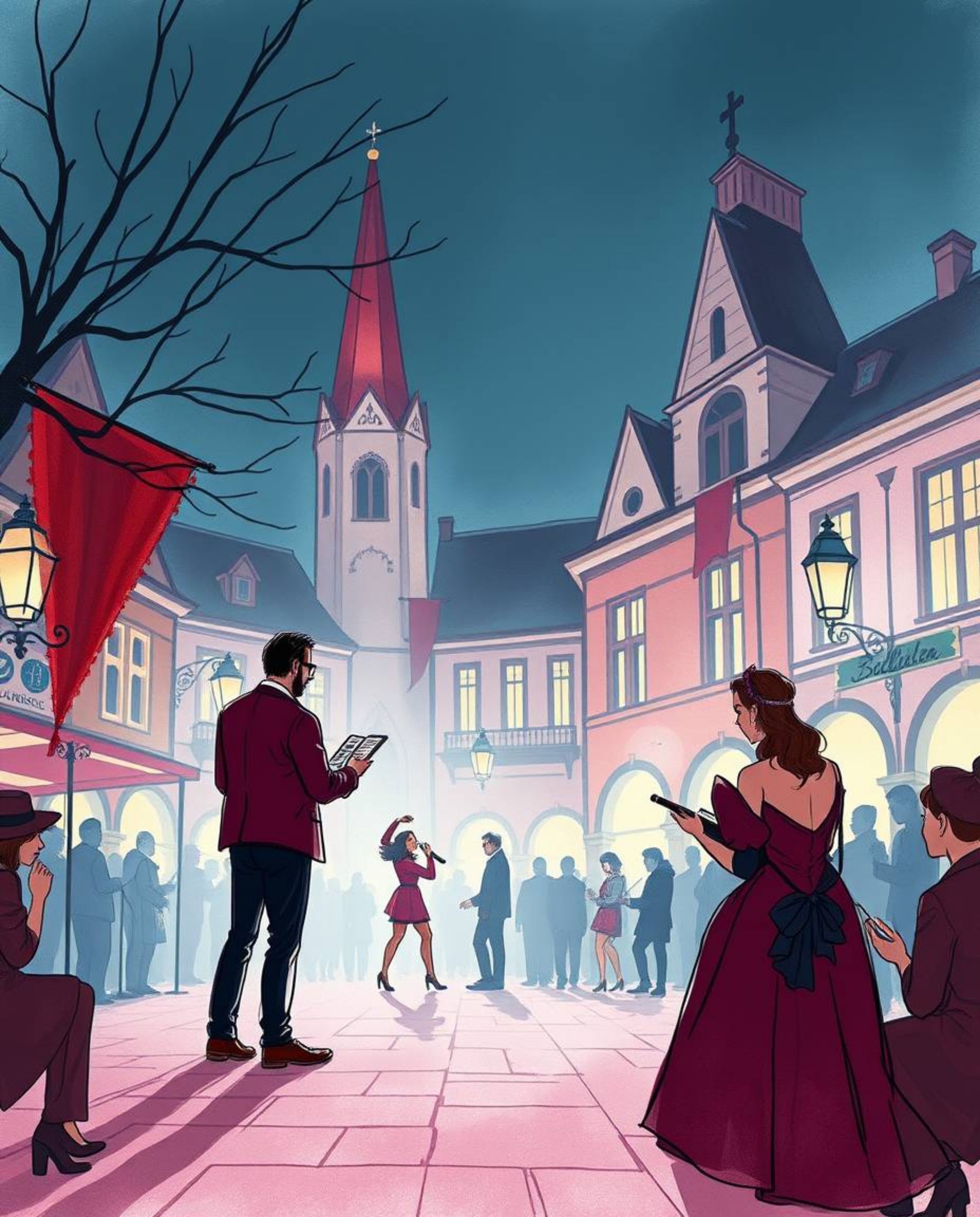 A hand-drawn sketch depicting a vibrant musical number unfolding in a brightly lit town square. The artwork employs a soft ci