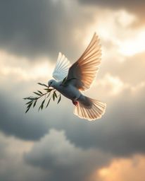 A soft pastel rendering illuminates a dove carrying an olive branch through turbulent, stormy skies, bathed in gentle light a